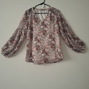 Floral V-Neck Blouse - Pink and Gray